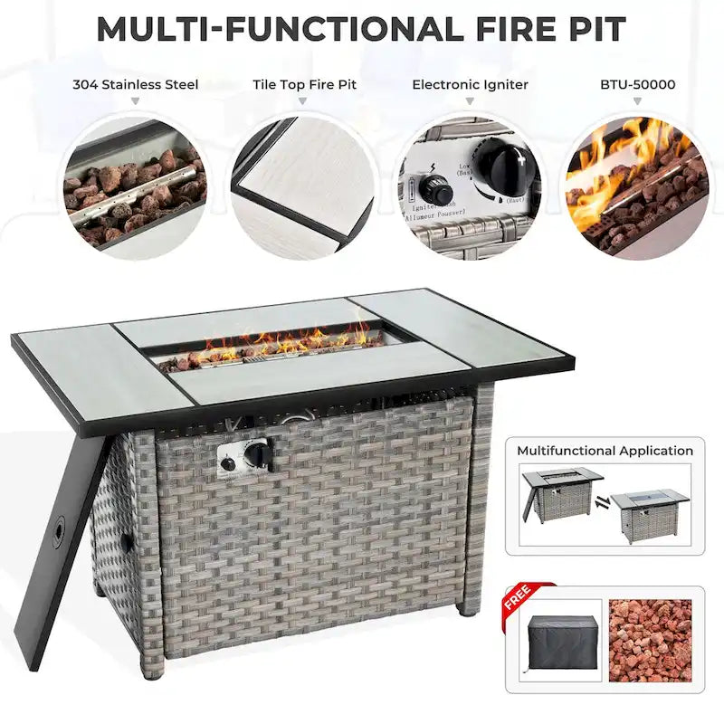 HOOOWOOO Ensemble de patio sectionnel en osier et rotin 10 pièces avec foyer