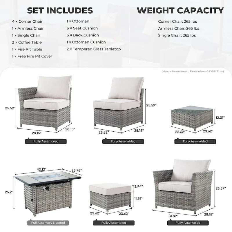 HOOOWOOO Ensemble de patio sectionnel en osier et rotin 10 pièces avec foyer