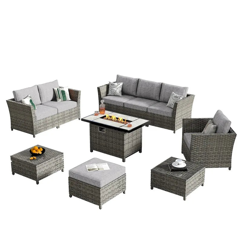 HOOOWOOO Ensemble de patio sectionnel en osier et rotin 10 pièces avec foyer