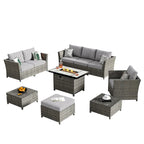 HOOOWOOO Ensemble de patio sectionnel en osier et rotin 10 pièces avec foyer