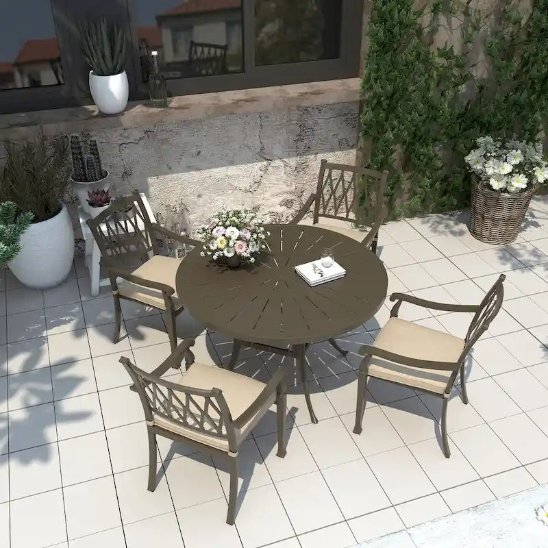 Ensemble de salle à manger de patio 5 pièces en fonte d'aluminium avec coussins