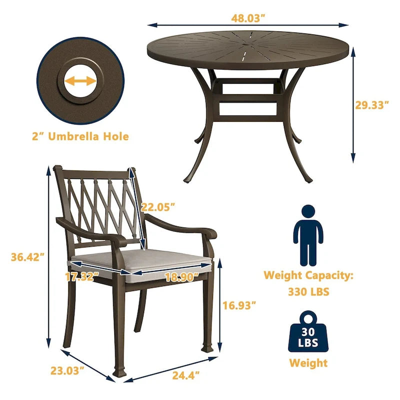 Ensemble de salle à manger de patio 5 pièces en fonte d'aluminium avec coussins