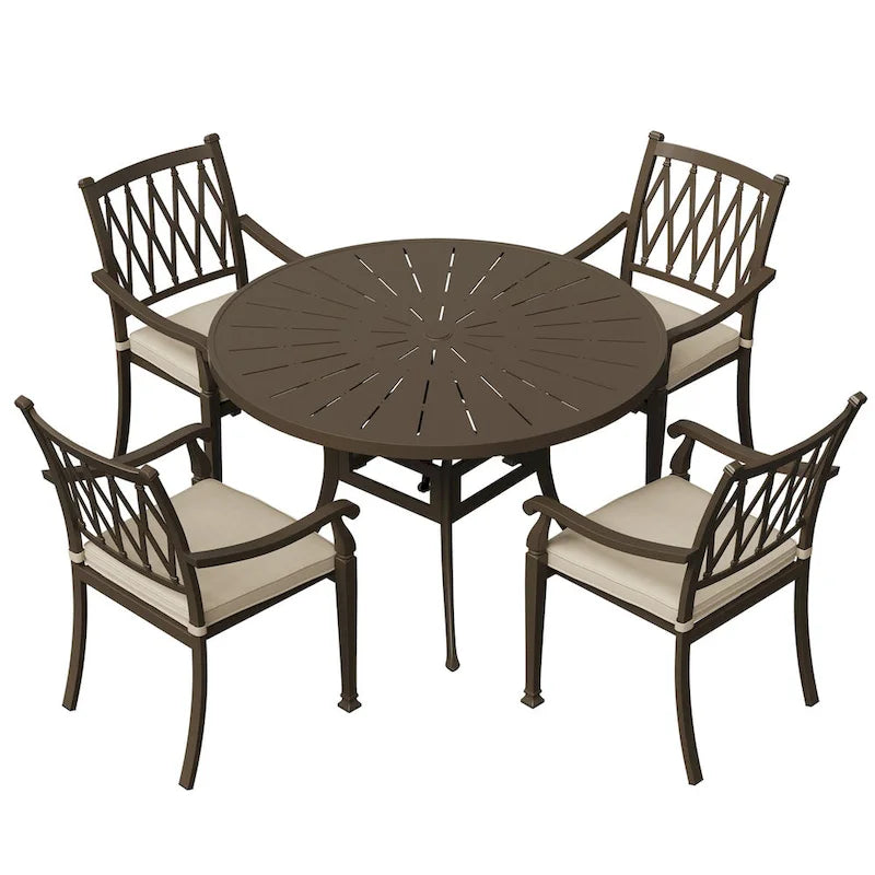 Ensemble de salle à manger de patio 5 pièces en fonte d'aluminium avec coussins