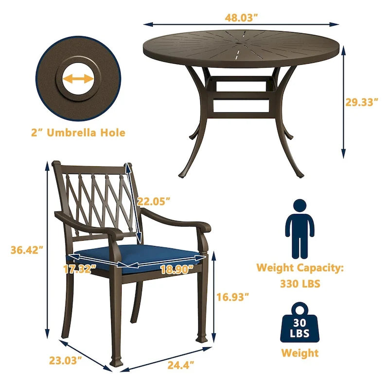 Ensemble de salle à manger de patio 5 pièces en fonte d'aluminium avec coussins