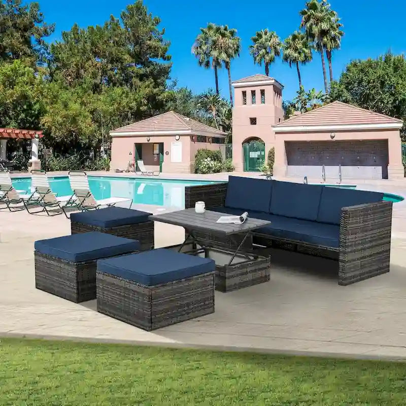 Ensemble de mobilier de jardin en résine tressée 5 pièces : Canapé modulable et table basse