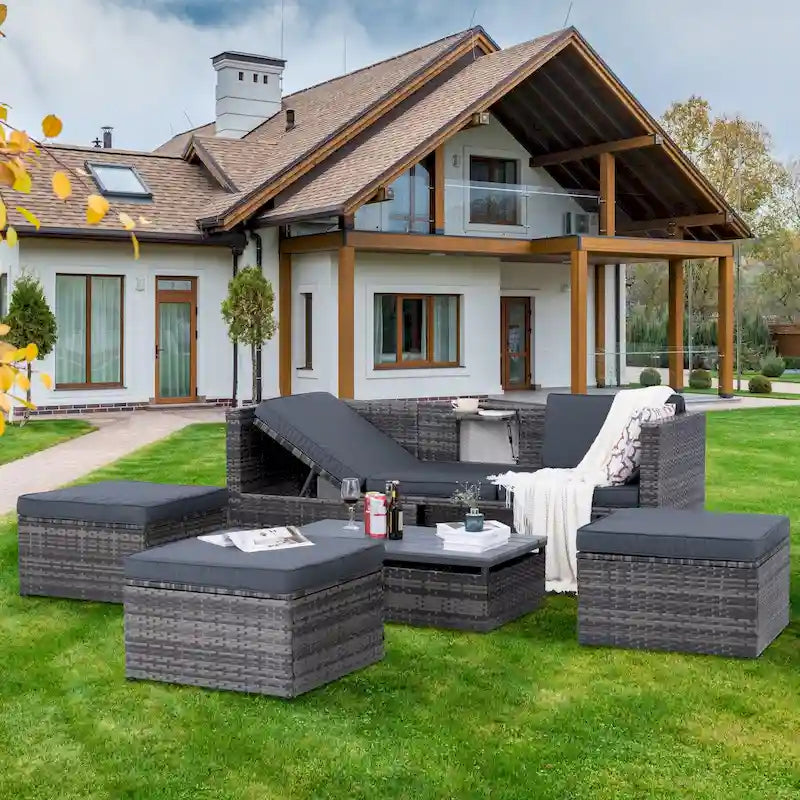 Ensemble de mobilier de jardin en résine tressée 5 pièces : Canapé modulable et table basse
