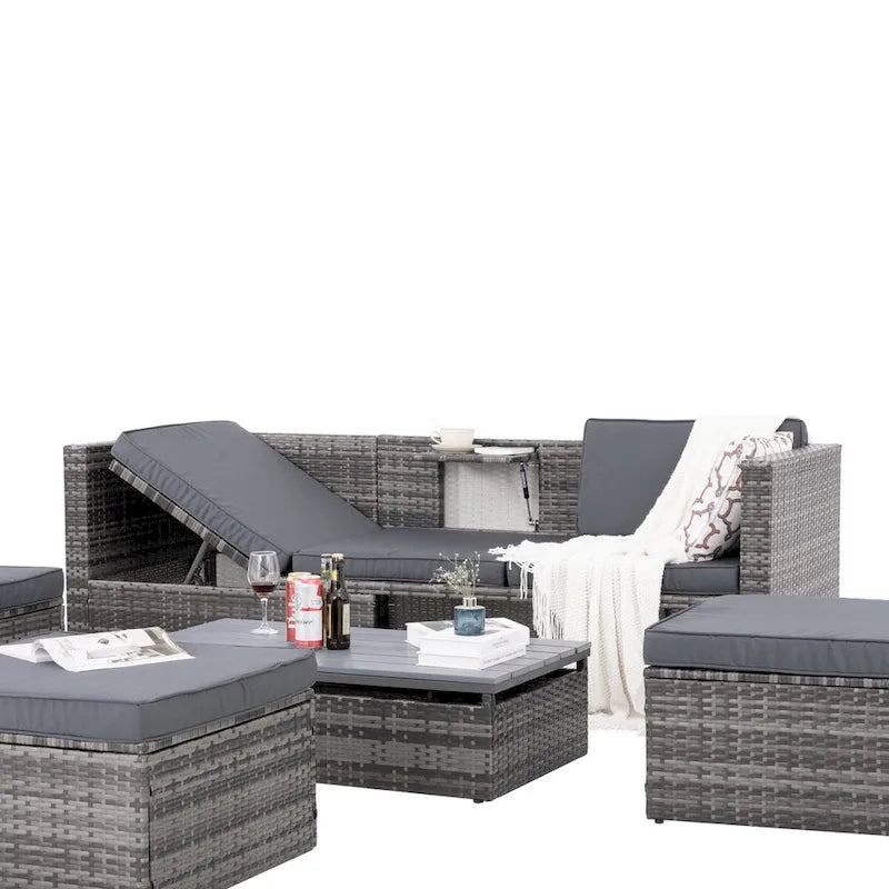 Ensemble de mobilier de jardin en résine tressée 5 pièces : Canapé modulable et table basse