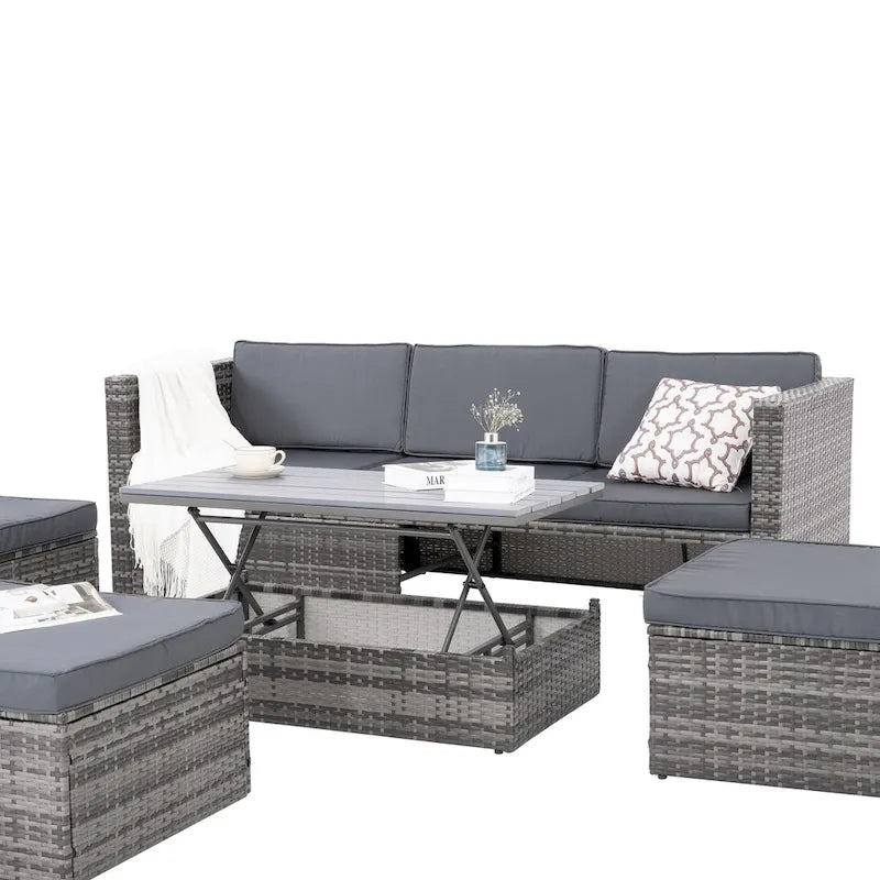 Ensemble de mobilier de jardin en résine tressée 5 pièces : Canapé modulable et table basse