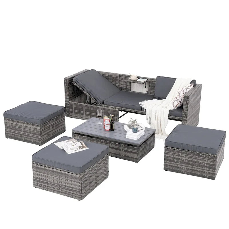 Ensemble de mobilier de jardin en résine tressée 5 pièces : Canapé modulable et table basse