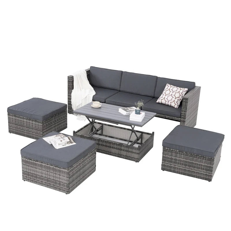 Ensemble de mobilier de jardin en résine tressée 5 pièces : Canapé modulable et table basse