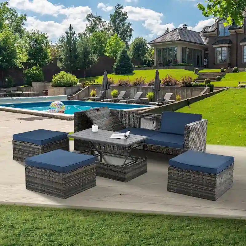 Ensemble de mobilier de jardin en résine tressée 5 pièces : Canapé modulable et table basse