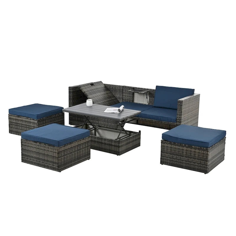 Ensemble de mobilier de jardin en résine tressée 5 pièces : Canapé modulable et table basse
