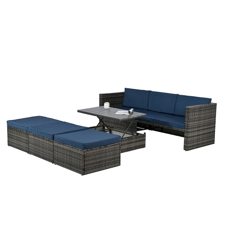 Ensemble de mobilier de jardin en résine tressée 5 pièces : Canapé modulable et table basse