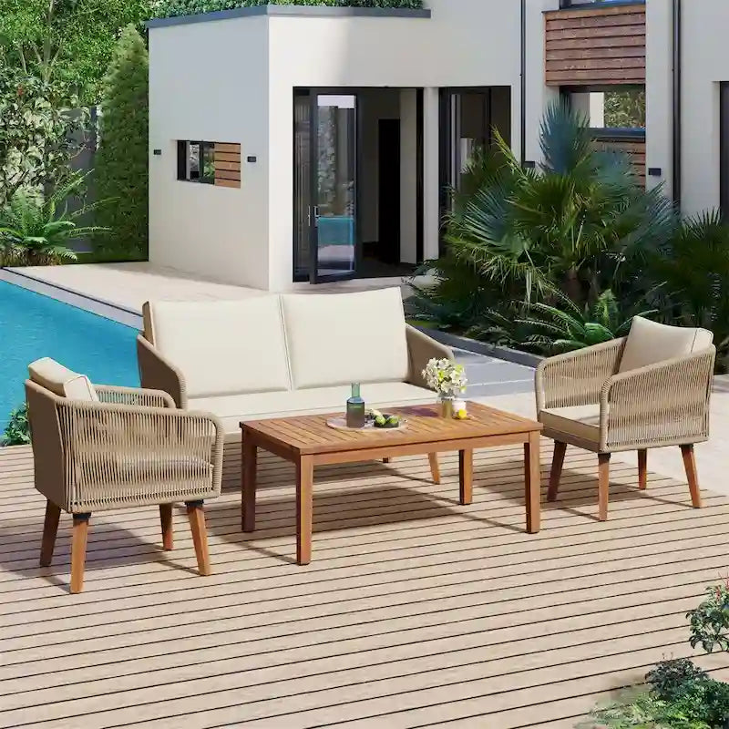 Ensemble de conversation 4 pièces pour terrasse, causeuse en bois massif, 2 chaises et une table