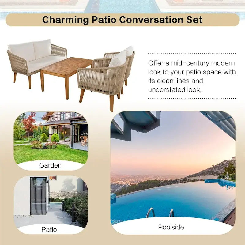 Ensemble de conversation 4 pièces pour terrasse, causeuse en bois massif, 2 chaises et une table