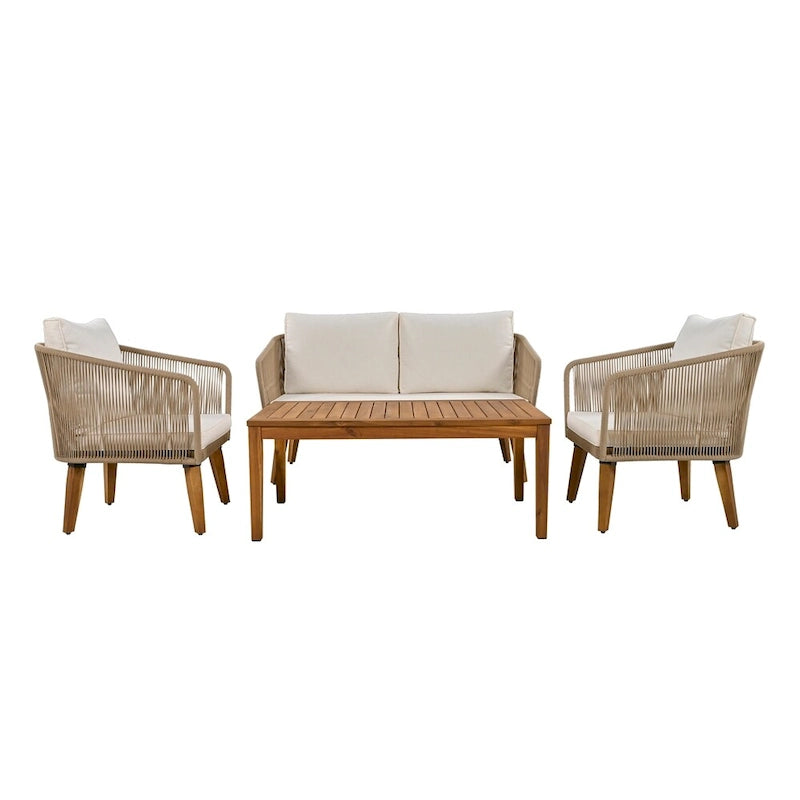 Ensemble de conversation 4 pièces pour terrasse, causeuse en bois massif, 2 chaises et une table
