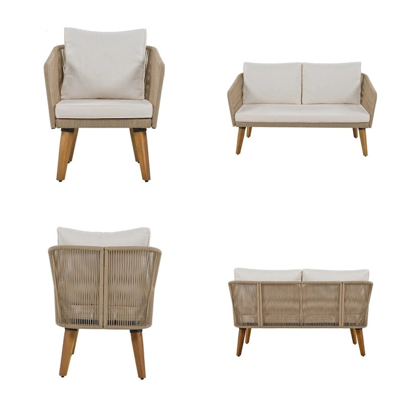 Ensemble de conversation 4 pièces pour terrasse, causeuse en bois massif, 2 chaises et une table