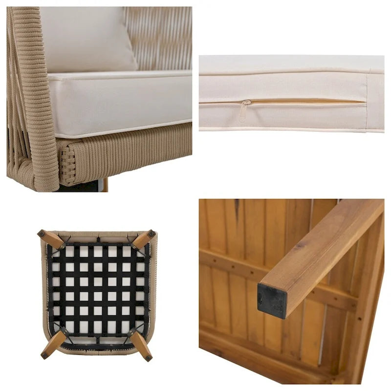 Ensemble de conversation 4 pièces pour terrasse, causeuse en bois massif, 2 chaises et une table