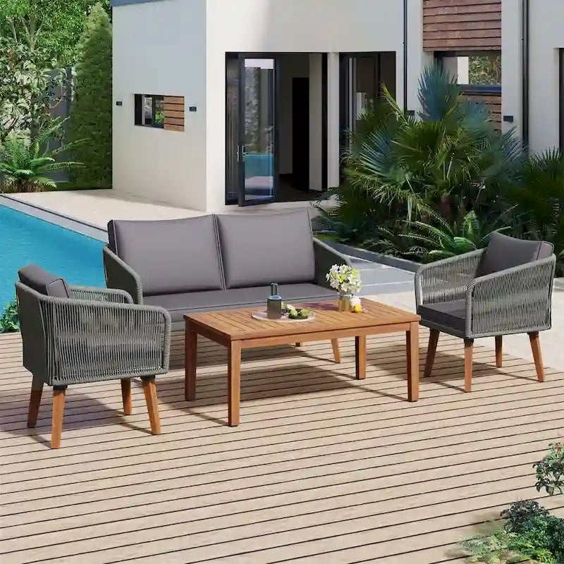 Ensemble de conversation 4 pièces pour terrasse, causeuse en bois massif, 2 chaises et une table