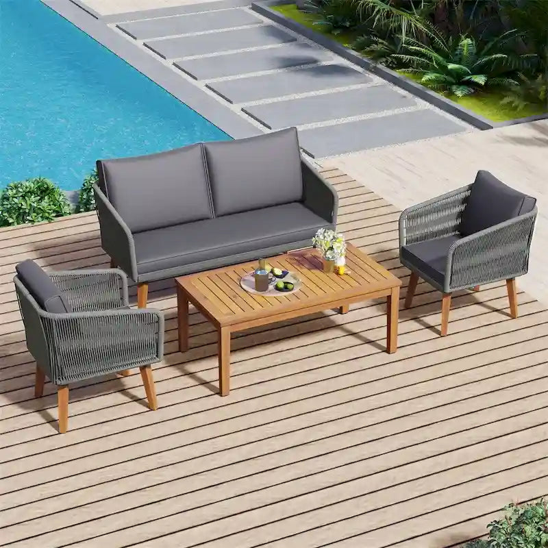 Ensemble de conversation 4 pièces pour terrasse, causeuse en bois massif, 2 chaises et une table