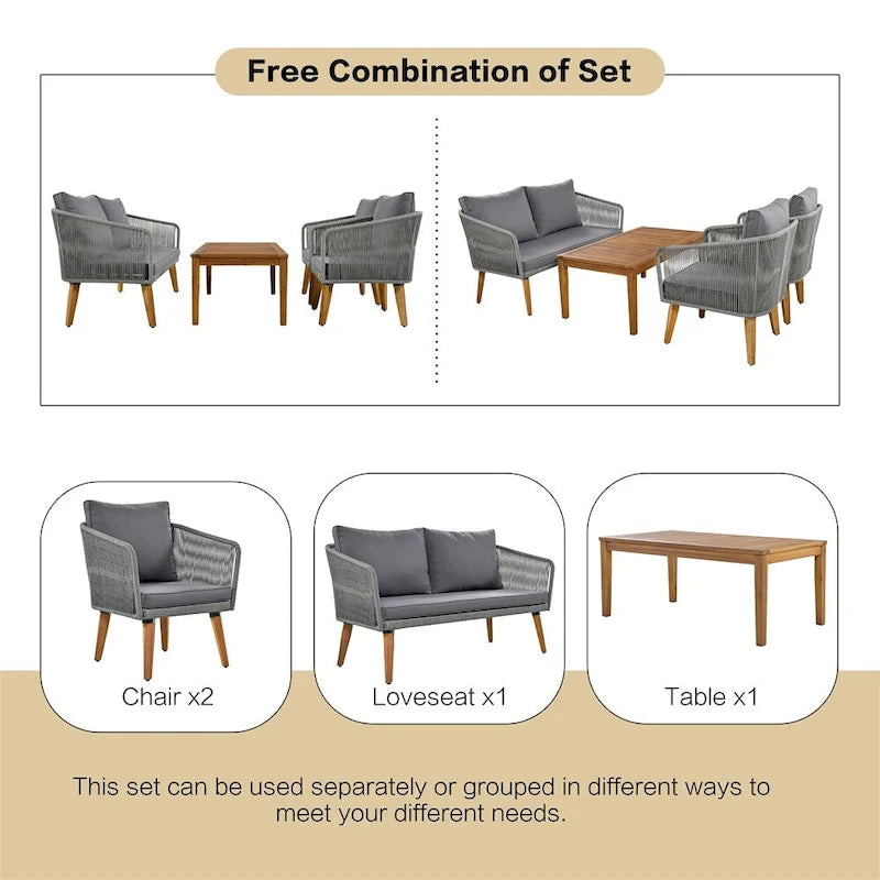 Ensemble de conversation 4 pièces pour terrasse, causeuse en bois massif, 2 chaises et une table