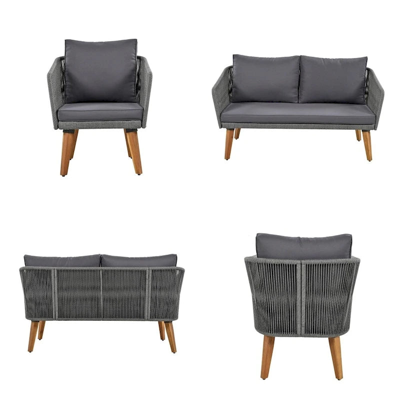Ensemble de conversation 4 pièces pour terrasse, causeuse en bois massif, 2 chaises et une table