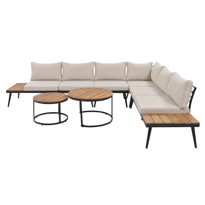 Canapé d'angle d'extérieur 6 pièces avec tables gigognes et coussin