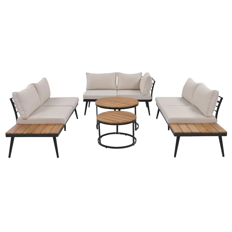 Canapé d'angle d'extérieur 6 pièces avec tables gigognes et coussin
