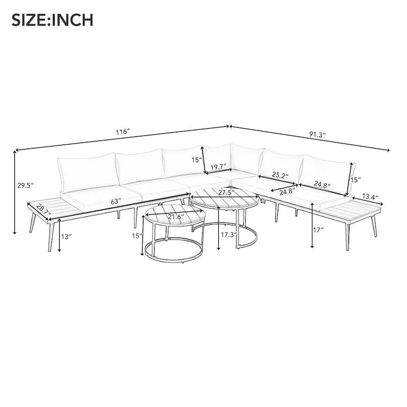 Canapé d'angle d'extérieur 6 pièces avec tables gigognes et coussin