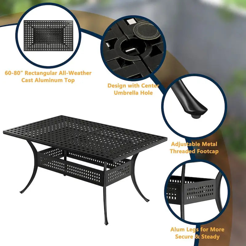 Table à manger rectangulaire extensible en aluminium moulé de 80 po avec trou pour parasol