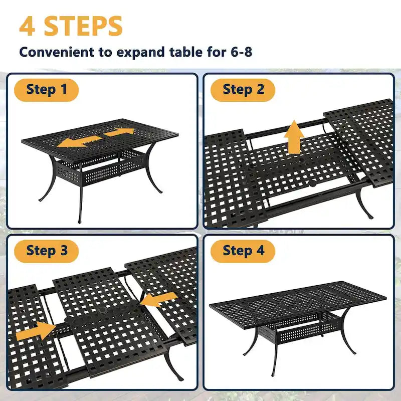 Table à manger rectangulaire extensible en aluminium moulé de 80 po avec trou pour parasol