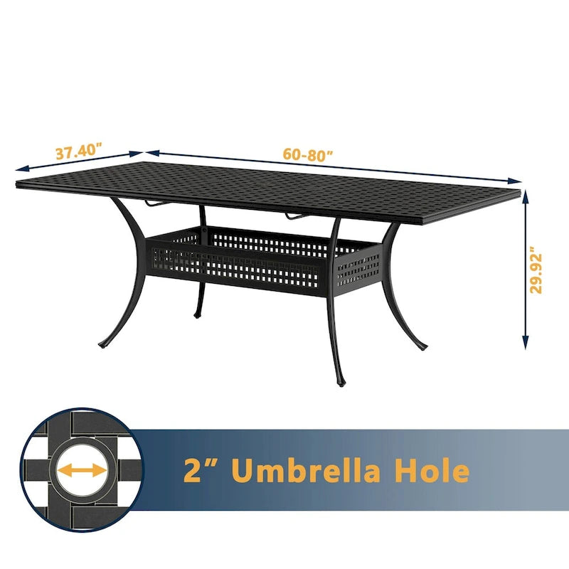 Table à manger rectangulaire extensible en aluminium moulé de 80 po avec trou pour parasol
