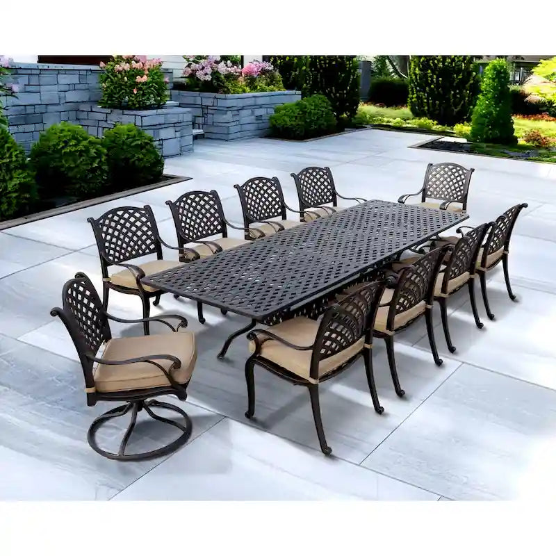 Nassau 11-Piece Patio Dining Set (with 2 Swivel Rockers) and 42 x 92 / 42 x 120 Rectangular Extension Dining Table