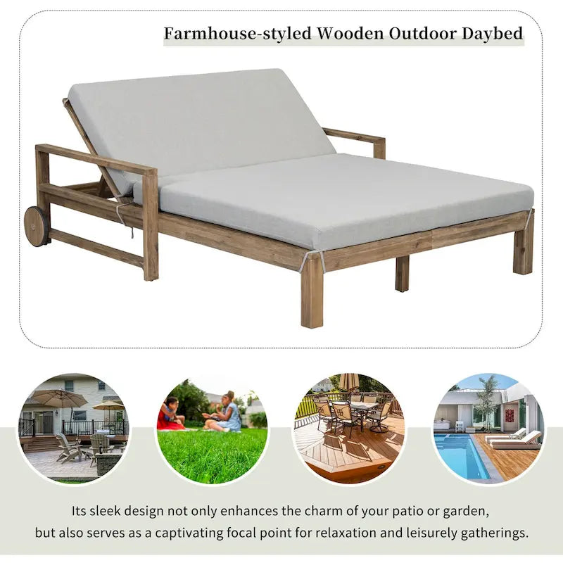 Chaise longue d'extérieur en acacia avec dossier réglable, style fermette