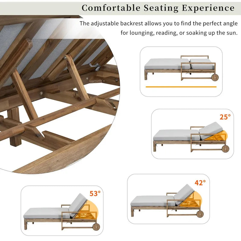 Chaise longue d'extérieur en acacia avec dossier réglable, style fermette
