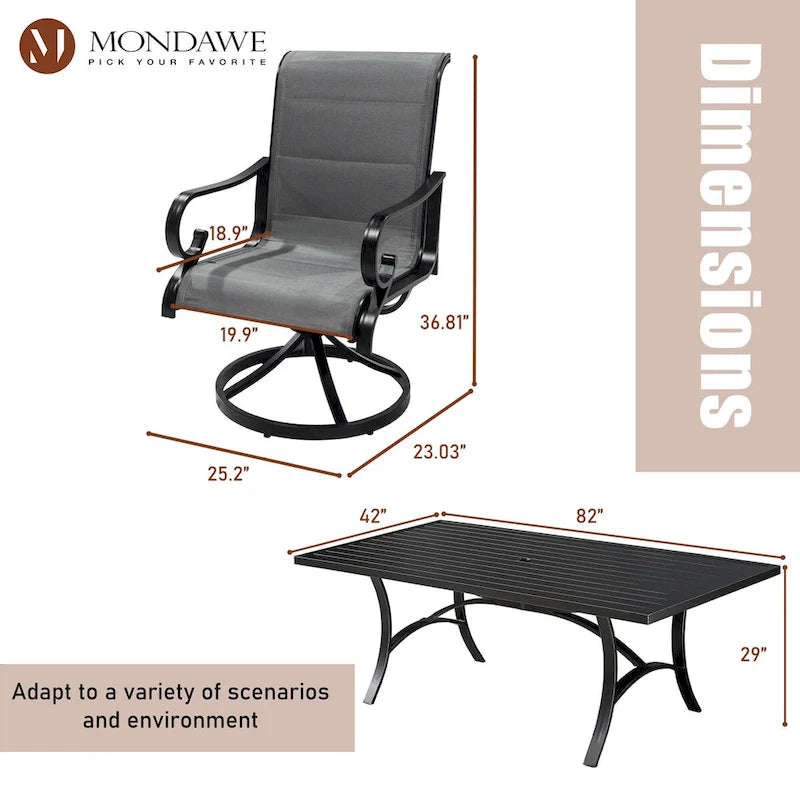 Ensemble de salle à manger 5 pièces en aluminium avec chaises pivotantes en textilène pour l'extérieur