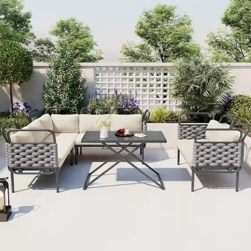 Ensemble de canapé d'angle moderne 5 pièces pour patio avec table en verre et coussins