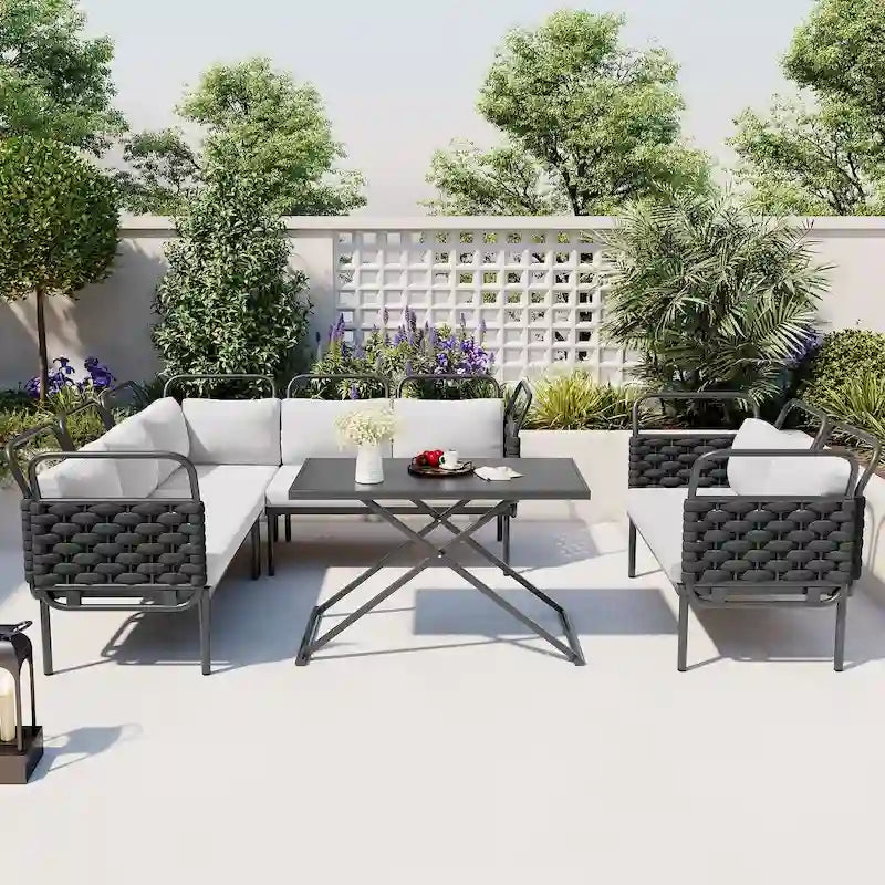 Ensemble de canapé d'angle moderne 5 pièces pour patio avec table en verre et coussins