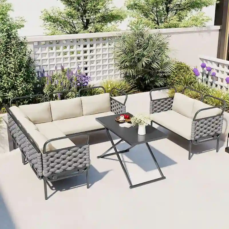 5-Piece Modern Patio Sectional Sofa Set with Glass Table and Cushions