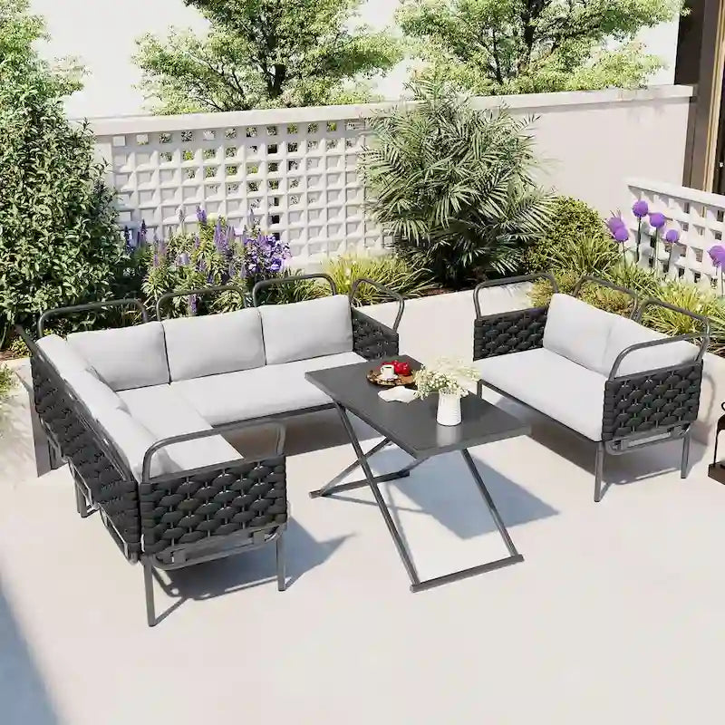 Ensemble de canapé d'angle moderne 5 pièces pour patio avec table en verre et coussins