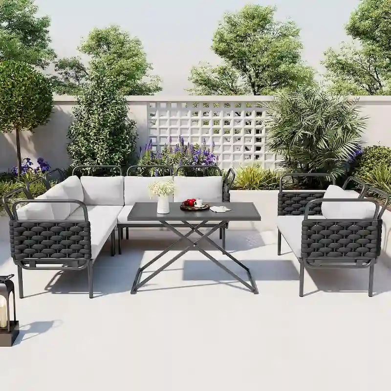 Ensemble de canapé d'angle moderne 5 pièces pour patio avec table en verre et coussins