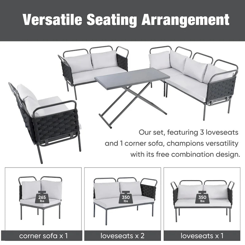 Ensemble de canapé d'angle moderne 5 pièces pour patio avec table en verre et coussins