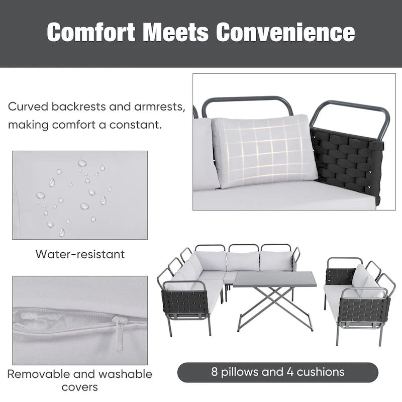 Ensemble de canapé d'angle moderne 5 pièces pour patio avec table en verre et coussins