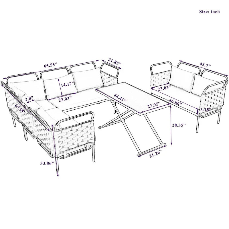Ensemble de canapé d'angle moderne 5 pièces pour patio avec table en verre et coussins