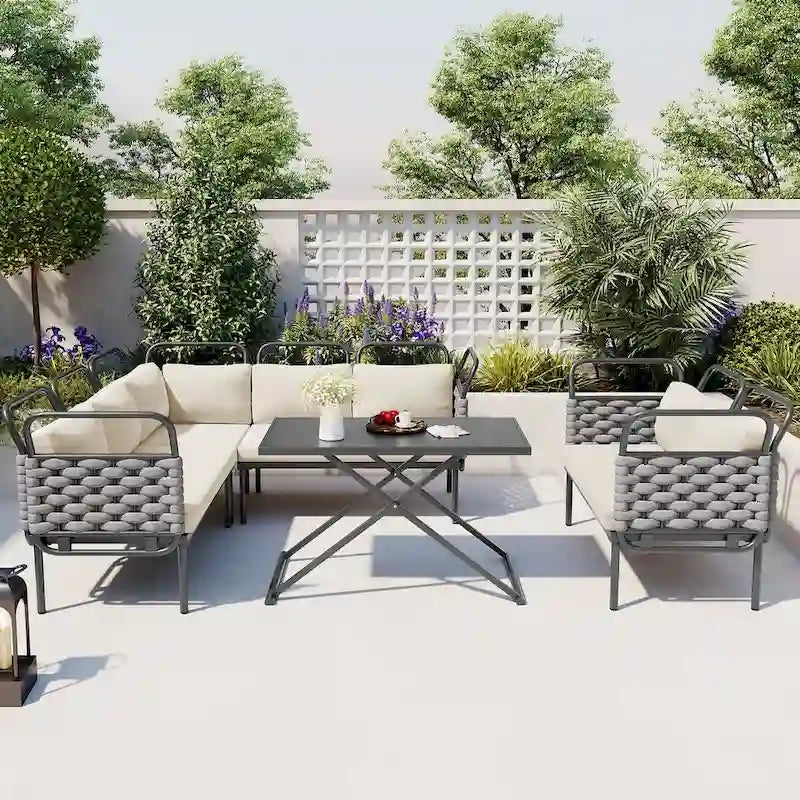 Ensemble de canapé d'angle moderne 5 pièces pour patio avec table en verre et coussins