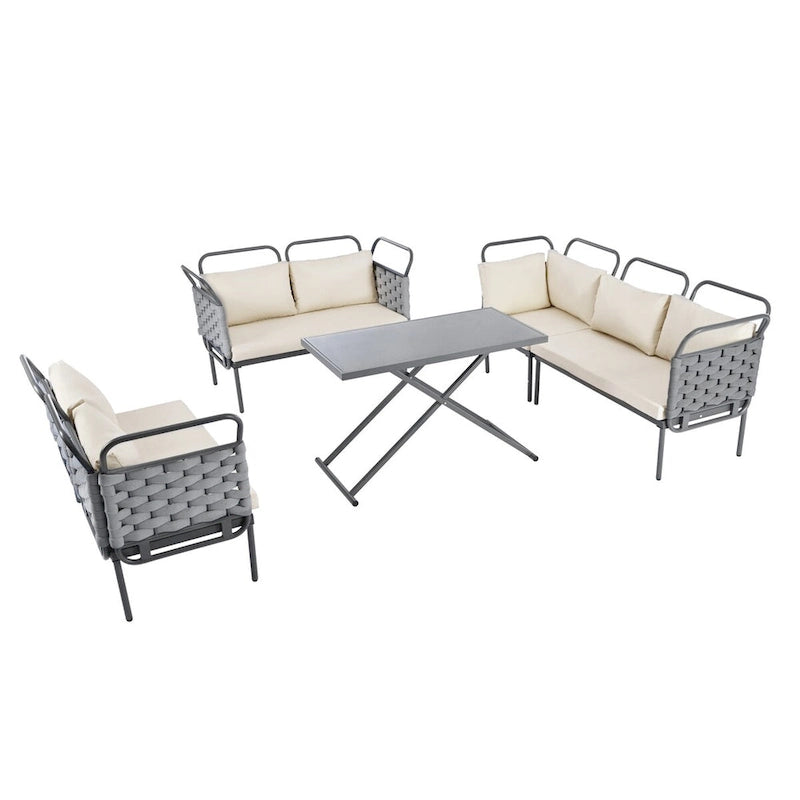 Ensemble de canapé d'angle moderne 5 pièces pour patio avec table en verre et coussins