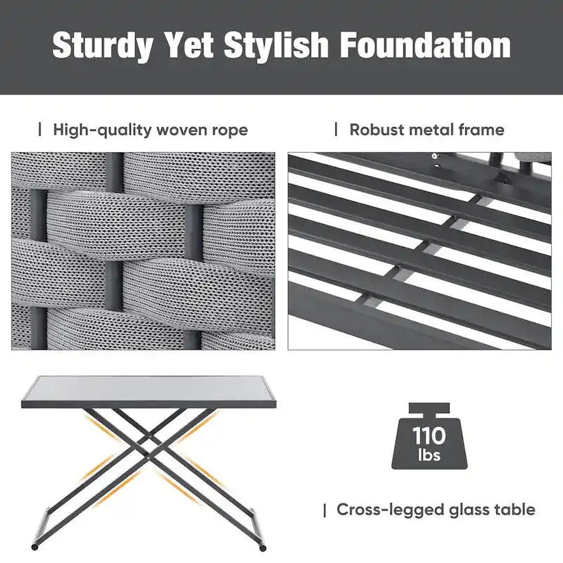 Ensemble de canapé d'angle moderne 5 pièces pour patio avec table en verre et coussins