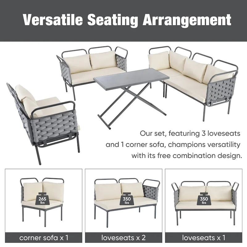 Ensemble de canapé d'angle moderne 5 pièces pour patio avec table en verre et coussins