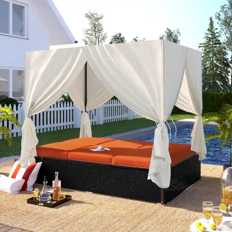 Lit de repos extérieur en osier avec coussins, sièges réglables