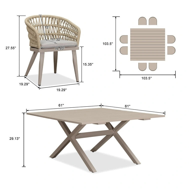 Ensemble de salle à manger d'extérieur en rotin PE de marque PURPLE LEAF avec cadre entièrement en aluminium